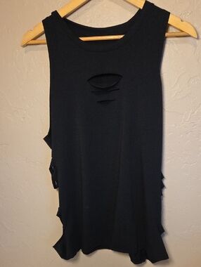 Alo Yoga Black Cutout Fringe Tank Top Edgy Boho Athleisure Size L